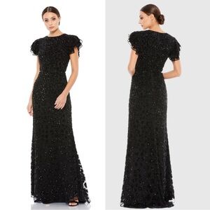 Mac Duggal Black High Neck Flutter Cap Sleeve Maxi Gown - New With Tag - Sz 4